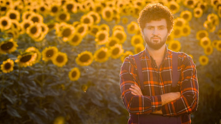 Handsome young farmer standing in the middle of a golden sunflower field with his arms crossed, during a majestic sunrise.の写真素材