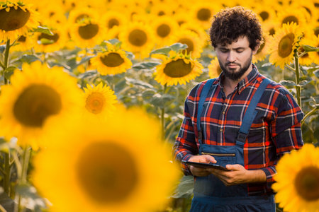 Handsome young farmer standing in the middle of a golden sunflower field making notes on his tablet during a sunny, beautiful day.の写真素材