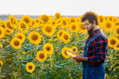 Handsome young farmer standing in the middle of a golden sunflower field examining a sunflower oil bottle during a sunny, beautiful day.の写真素材
