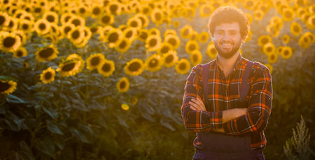 Handsome young farmer standing in the middle of a golden sunflower field with his arms crossed and smiling, during a majestic sunrise.の写真素材