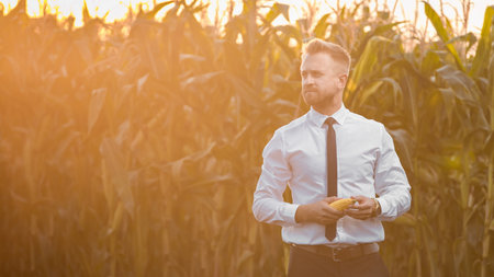 Attractive, young businessman posing in the middle of a corn field with an yellow corn during a beautiful sunrise.の写真素材