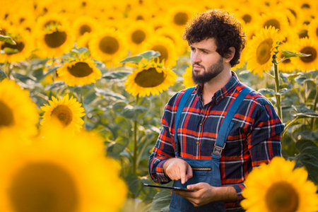 Handsome young farmer standing in the middle of a golden sunflower field making notes on his tablet during a sunny, beautiful day.の写真素材