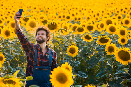 Handsome young farmer standing in the middle of a golden sunflower field smiling and taking a selfie with his phone during a sunny, beautiful day.の写真素材