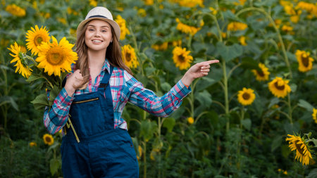 Gorgeous young female farmer standing in the middle of a green sunflower field, holding a bouquet of golden sunflowers and pointing to her left during a sunny, beautiful day.の写真素材