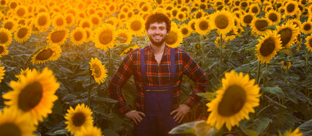 Handsome young farmer happily standing in the middle of a golden sunflower field during a majestic sunrise, shot upfront.の写真素材