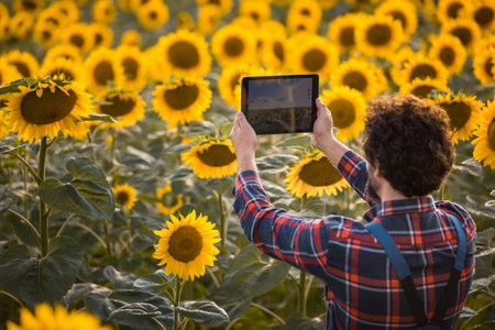 Handsome young farmer standing in the middle of a golden sunflower field taking photos with his tablet, during a sunny, beautiful day.の写真素材