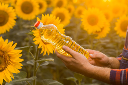 Close up view of a young farmer's hands while he is holding a sunflower oil bottle and standing in the middle of a golden sunflower field, during a majestic sunrise.の写真素材