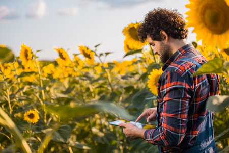 Handsome young farmer standing in the middle of a golden sunflower field making notes on his tablet during a sunny, beautiful day, shot from the side.の写真素材
