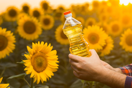 Close up view of a young farmer's hands while he is holding a sunflower oil bottle and standing in the middle of a golden sunflower field, during a majestic sunrise.の写真素材