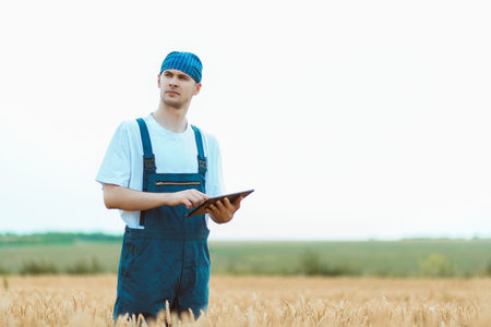 Farmer looking thoughtfully while writing in his tablet, while standing in the middle a beautiful,...