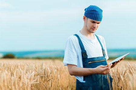 Farmer looking at a golden wheat ear while holding a tablet in his other hand and standing in the middle of a beautiful wheat field.の写真素材