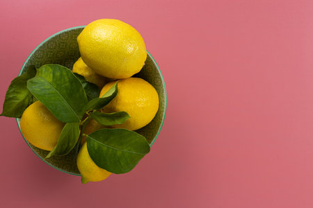 Zenithal shot of a bowl full of fresh organic lemons with their green leaves on a pink tableの写真素材