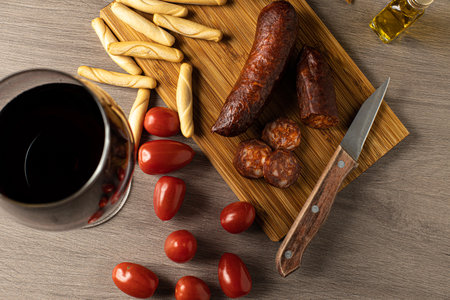 aerial shot of cherry tomatoes and chorizo or sausage on a board with bread and salt. Knife and olive oil wint aerial wine cup shotの写真素材