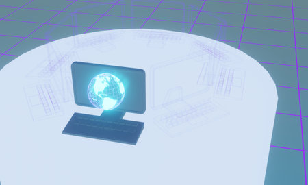 3d illustration of holographic earth and desktop computer.