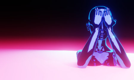 A 3d illustration of a metallic woman covering her face with her hands.の写真素材
