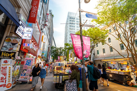 Myeongdong shopping district on Jun 18, 2017 in Seoul, South Koreaのeditorial素材