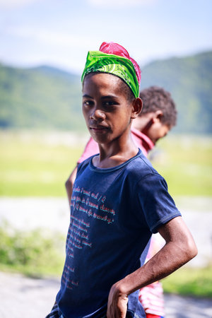 Portrait of Aeta tribe little boy near Mount Pinatubo on Aug 27, 2017 in Santa Juliana, Capas, Central Luzon, Philippines. the people suffer of poverty due to the bad economy, political issue.のeditorial素材