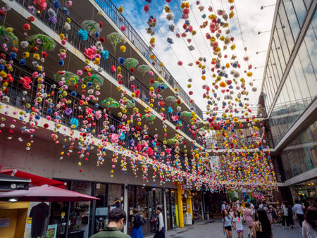 Ssamziegil mall decorating with colorful paper flowers on Sep 1, 2017 in Seoul city, South Koreaのeditorial素材