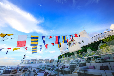 Main Pool deck facility with beach seats of Dream Cruises sailing away from Hong Kong on Nov 21,...