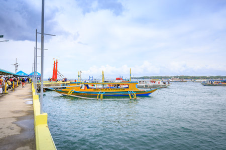 Traditional banca boat to get to Boracay Island at Caticlan jetty port on Nov 17, 2017 in the Philippinesのeditorial素材