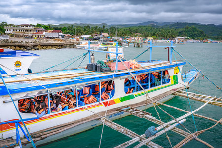 Traditional banca boat to get to Boracay Island at Caticlan jetty port on Nov 17, 2017 in the Philippinesのeditorial素材