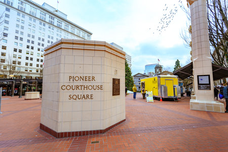 Portland, Oregon, United States - Dec 19, 2017: Sign of Pioneer Courthouse Square at winter seasonのeditorial素材
