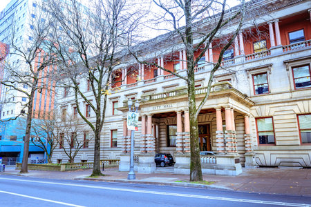 Portland, Oregon, United States - Dec 19, 2017: Facade of Portland City Hall at winter season