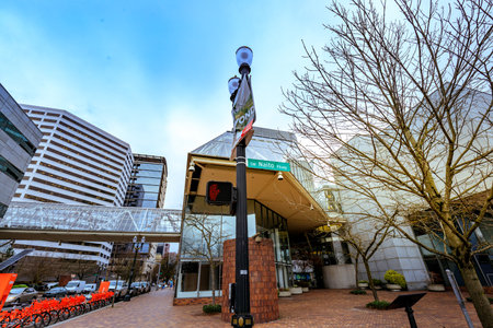 Portland, United States - Dec 19, 2017 : Road sign in front of World Trade Center, Business center in Portlandのeditorial素材