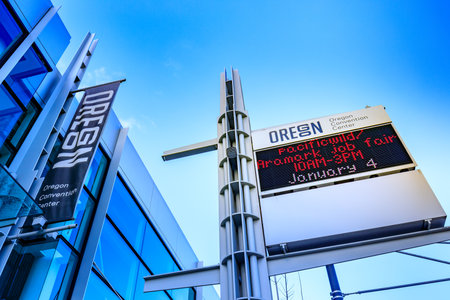 Portland, Oregon, United States - Dec 20, 2017 :  Sign of Oregon Convention Center, that is located on the east side of the Willamette River in the Lloyd District neighborhood.のeditorial素材