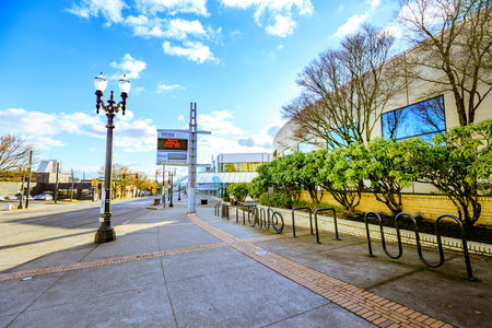 Portland, Oregon, United States - Dec 20, 2017 : Outside view of Oregon Convention Center, that is located on the east side of the Willamette River in the Lloyd District neighborhood.のeditorial素材