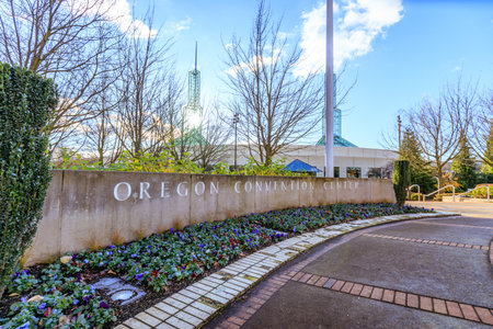 Portland, Oregon, United States - Dec 20, 2017 : Oregon Convention Center, that is located on the east side of the Willamette River in the Lloyd District neighborhood.のeditorial素材