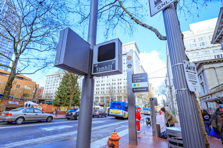 Portland, United States - Dec 21, 2017 : Sign board of Public station in downtown Portland
