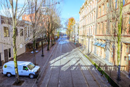 Portland, United States - Dec 21, 2017 : Road view NW 1st Ave near Willamette river in downtown Portlandのeditorial素材