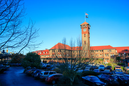 Portland, US - Dec 21, 2017 : Union Station Train Transportation Complex Building Clock Towerのeditorial素材