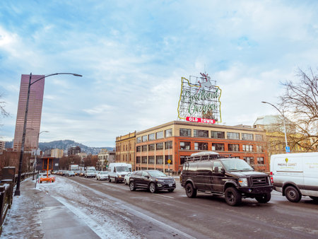 Portland, US - Dec 26, 2017 : Road view on Burnside Bridge in downtown Portlandのeditorial素材