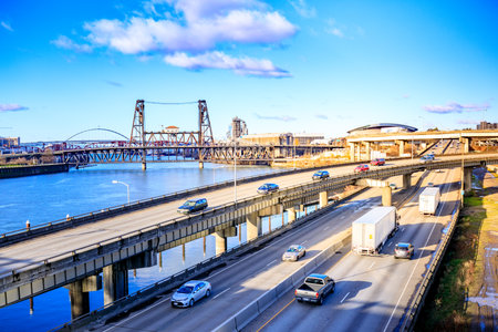 Portland, US - Dec 21, 2017 : Express way of Portland with Willamette river and Steel Bridge, view from Burnside Bridgeのeditorial素材