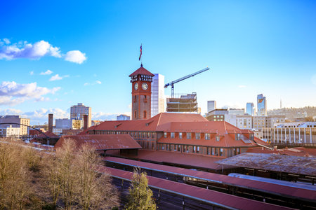 Portland, US - Dec 21, 2017 : Union Station Train Transportation Complex Building Clock Tower