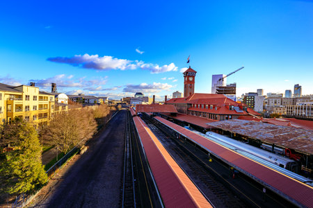 Portland, US - Dec 21, 2017 : Union Station Train Transportation Complex Building Clock Towerのeditorial素材