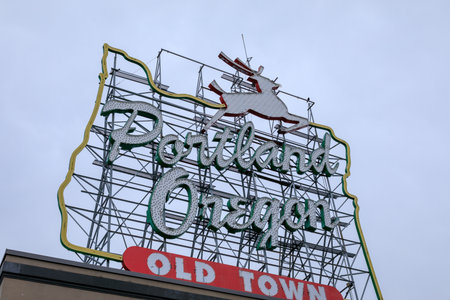 Portland, Oregon, United States - Dec 26, 2017 : View of the iconic White Stag, a landmark neon sign Portland, Oregon.のeditorial素材