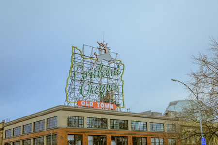 Portland, Oregon, United States - Dec 26, 2017 : View of the iconic White Stag, a landmark neon sign Portland, Oregon.のeditorial素材