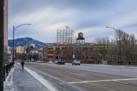Portland, Oregon, United States - Dec 26, 2017 : View of the iconic White Stag, a landmark neon sign Portland, Oregon.のeditorial素材