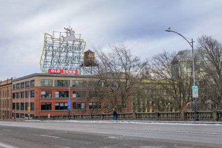 Portland, Oregon, United States - Dec 26, 2017 : View of the iconic White Stag, a landmark neon sign Portland, Oregon.のeditorial素材