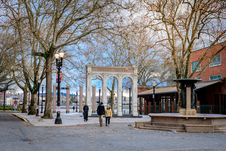 Portland, Oregon, United States - Dec 24, 2017 : Skidmore Fountain, which is a historic fountain in Old Town District, Portlandのeditorial素材