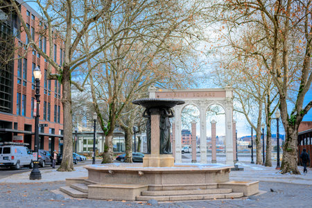 Portland, Oregon, United States - Dec 24, 2017 : Skidmore Fountain, which is a historic fountain in Old Town District, Portlandのeditorial素材