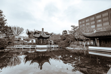 Portland, Oregon, United States - Dec 19, 2017 : The landmark Lan Su Chinese Garden (Portland Classical Chinese Garden, Garden of Awakening Orchids) in the Old Town Chinatown in Portlandのeditorial素材