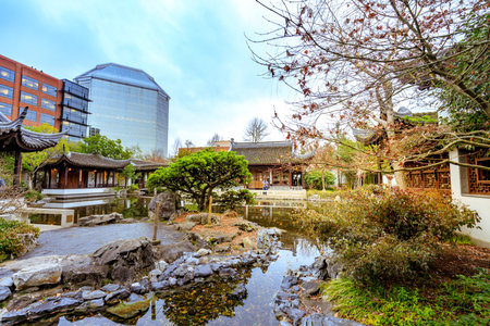 Portland, Oregon, United States - Dec 19, 2017 : The landmark Lan Su Chinese Garden (Portland Classical Chinese Garden, Garden of Awakening Orchids) in the Old Town Chinatown in Portlandのeditorial素材