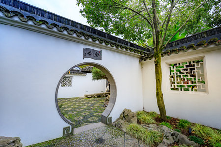 Portland, Oregon, United States - Dec 19, 2017 : The landmark Lan Su Chinese Garden (Portland Classical Chinese Garden, Garden of Awakening Orchids) in the Old Town Chinatown in Portlandのeditorial素材