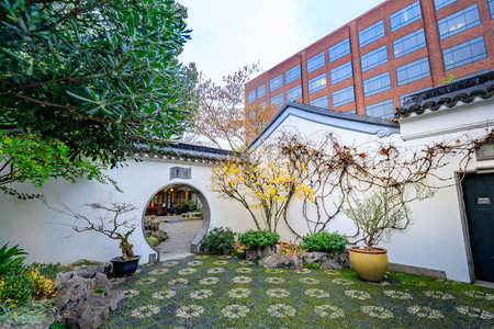 Portland, Oregon, United States - Dec 19, 2017 : The landmark Lan Su Chinese Garden (Portland Classical Chinese Garden, Garden of Awakening Orchids) in the Old Town Chinatown in Portlandのeditorial素材