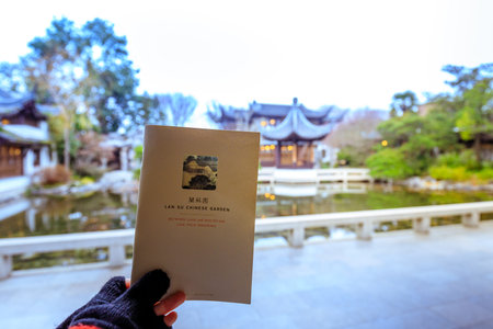 Portland, Oregon, United States - Dec 19, 2017 : Tour guide brochure of Lan Su Chinese Garden in the Old Town Chinatown in Portlandのeditorial素材