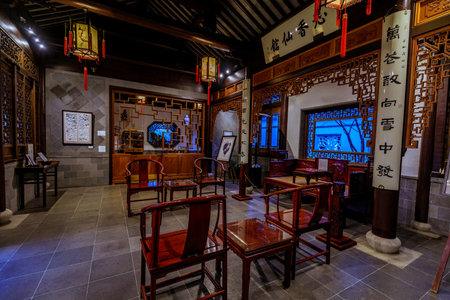 Portland, Oregon, United States - Dec 19, 2017 : The landmark Lan Su Chinese Garden (Portland Classical Chinese Garden, Garden of Awakening Orchids) in the Old Town Chinatown in Portlandのeditorial素材